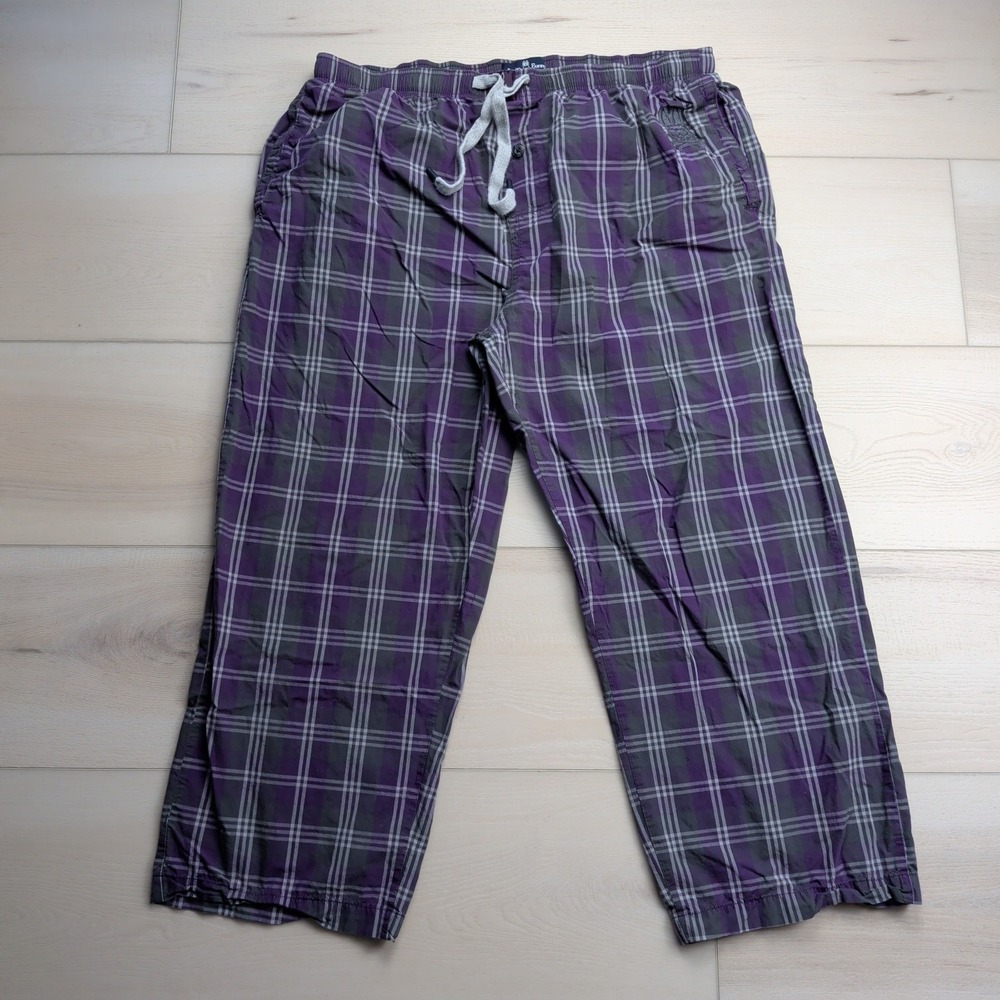 Psycho‎ Bunny Pajama Pants Mens XL Purple Gray Plaid Cotton Drawstring Lounge